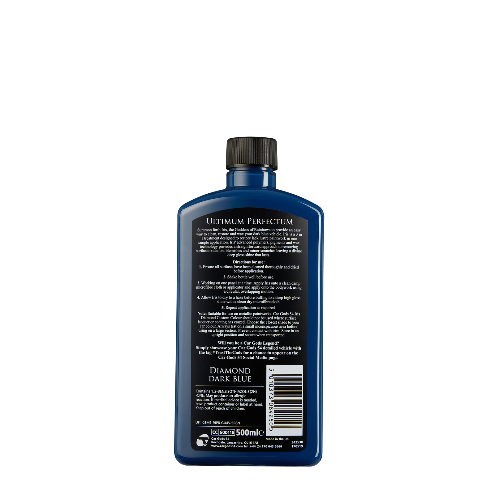 Back of bottle of Car Gods Diamond Dark Blue 500 ml bottle. Instructions for use and ingredients listed. 