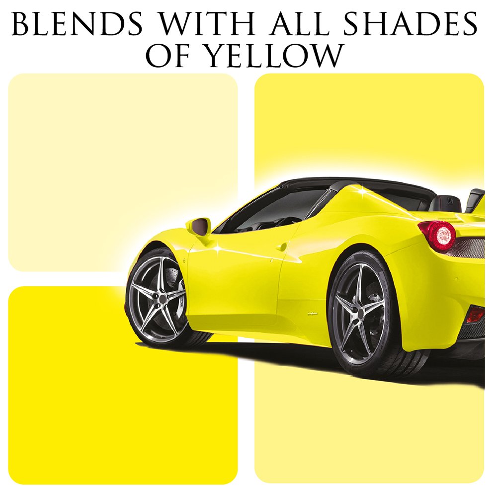 picture of a yellow sports car with 4 different squares iwth different shades of yellow with text that reads: Blends with all shades of yellow